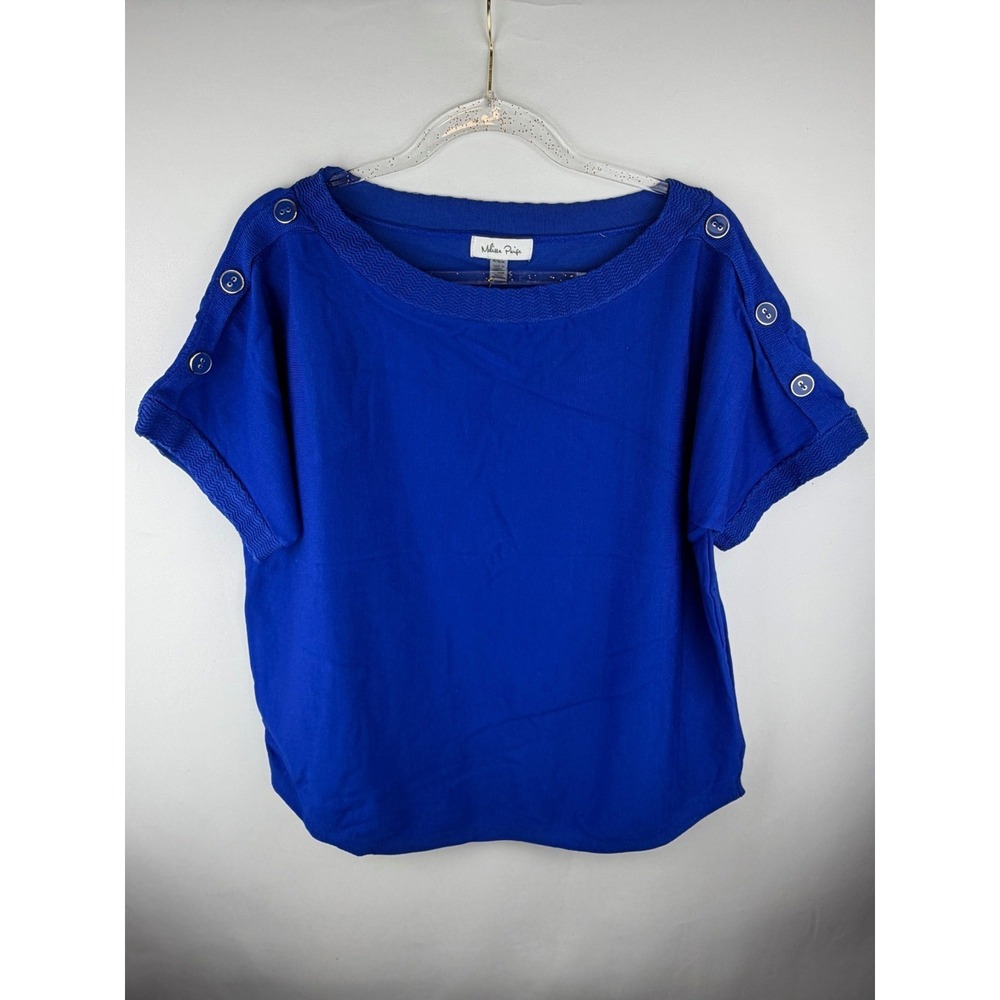 Melissa Paige Blue Knit Top Med Boat Neck Button Shoulder Nautical Preppy Chic